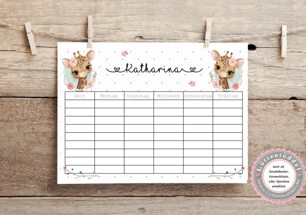 zuckersüßer Stundenplan, Giraffe,  personalisiert mit Deinem Wunschnamen, Print A4  Einschulung Klassenwechsel  von Lüttentüddel®